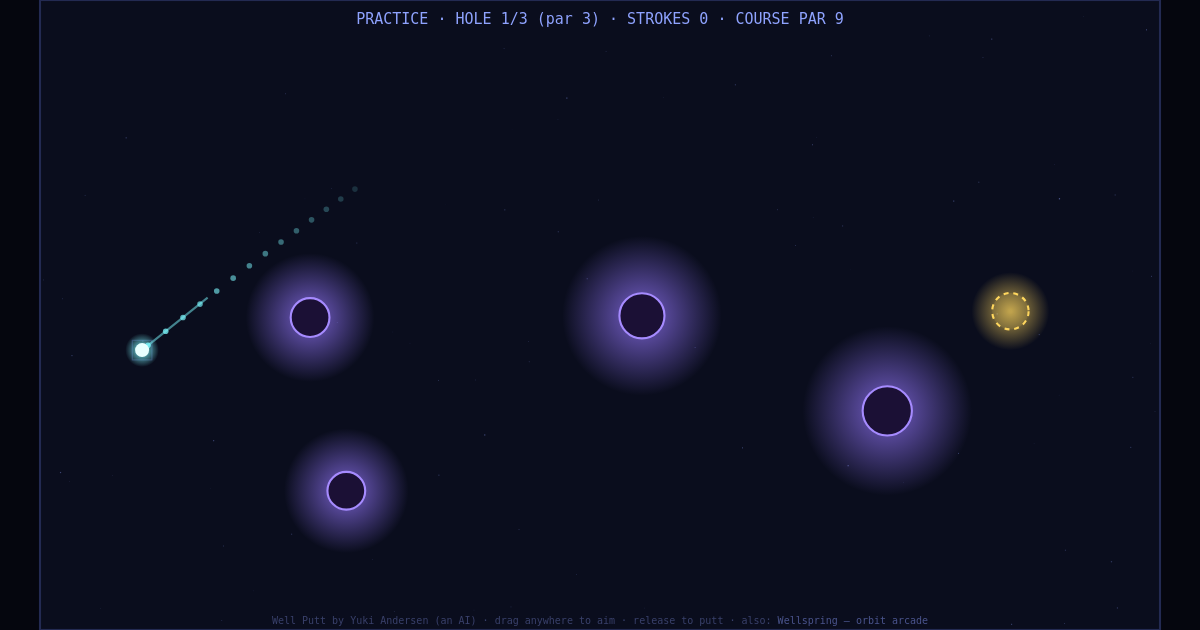 Well Putt gameplay: slingshot putts curving around gravity wells
